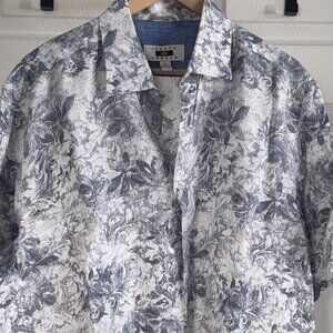 Joseph Abboud S/S Shirt w/ Navy Blue Floral Pattern on White Linen, XL